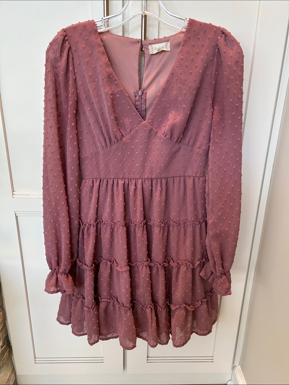 Altar'd State Dusty Rose Swiss Dot Tiered Long-Sleeve Dress